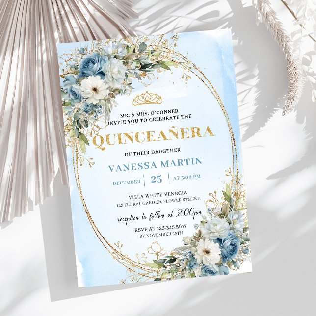 Invitation Bleu Pâle et Or pour Quinceañera (Chic Pastel Blue Gold Eucalyptus Quince Invitation)