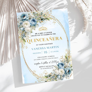 Invitation Bleu Pâle Or Sophistiqué Eucalyptus Quinceañera