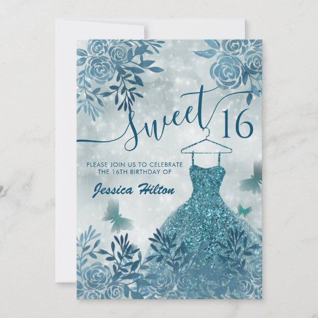 Invitation Bleu Papillon fleuri robe de jardin sweet sixteen  (Devant)