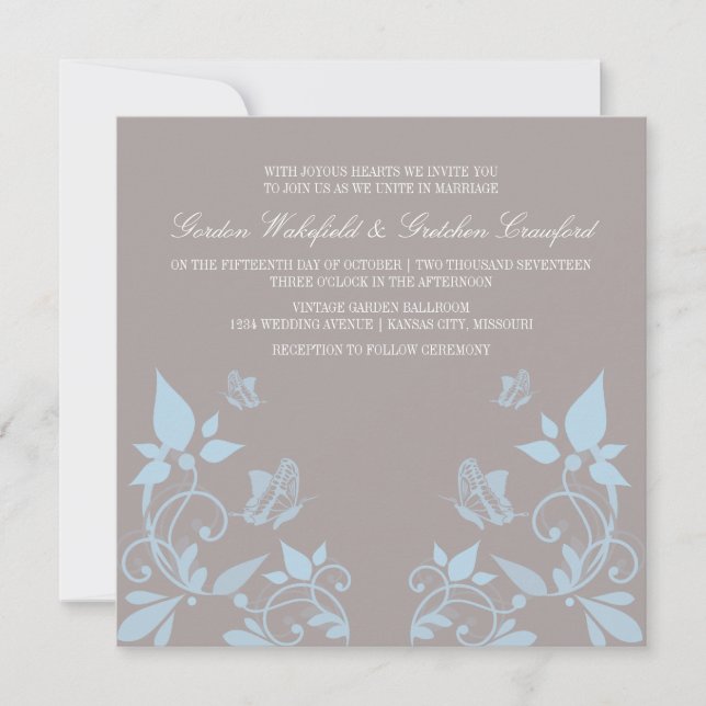 Invitation Bleu Papillon Floral Mariage Inviter (Devant)