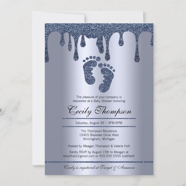 Invitation Bleu Parties scintillant Drip Luxury Metallic Baby (Devant)