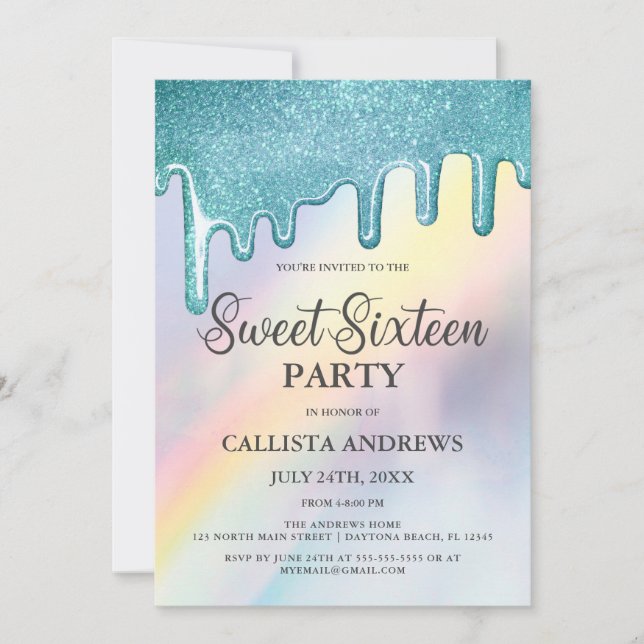 Invitation Bleu Parties scintillant gouttes Rainbow Holograph (Devant)