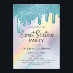 Invitation Bleu Parties scintillant gouttes Rainbow Holograph<br><div class="desc">Cette invitation à la fête d'anniversaire moderne et girly sweet sixteen est parfaite pour la petite fille. Il présente des gouttes d'argent à parties scintillant brillante à parties scintillant bleue imitation sur un arrière - plan holographique irisé arc-en-ciel. C'est élégant, mignon, unique, et joli; le design parfait pour impressionner vos...</div>
