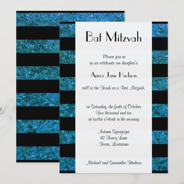 Invitation Bleu, Parties scintillant, Lignes, Bat mitzvah (Devant / Derrière)