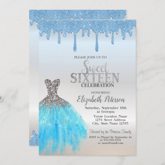 Invitation Bleu Parties scintillant, Robe Bleue Silver Sweet  (Devant / Derrière)