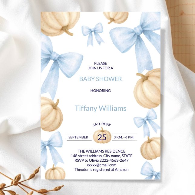 Invitation Bleu Pastel Aquarelle ruban Citrouille arc (Little Pumpkin Baby Shower Invitation Boy | elegant Blue Bow Fall Theme)