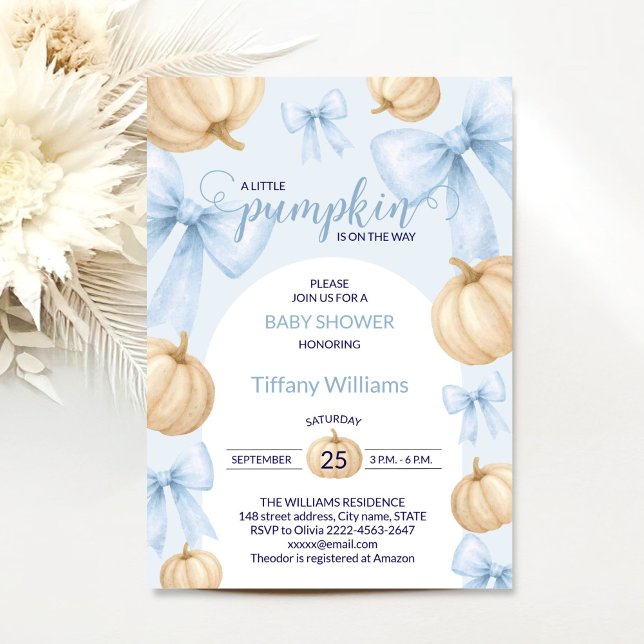 Invitation Bleu Pastel Aquarelle ruban Citrouille arc (Little Pumpkin Baby Shower Invitation Boy | Blue Bow Fall Theme)