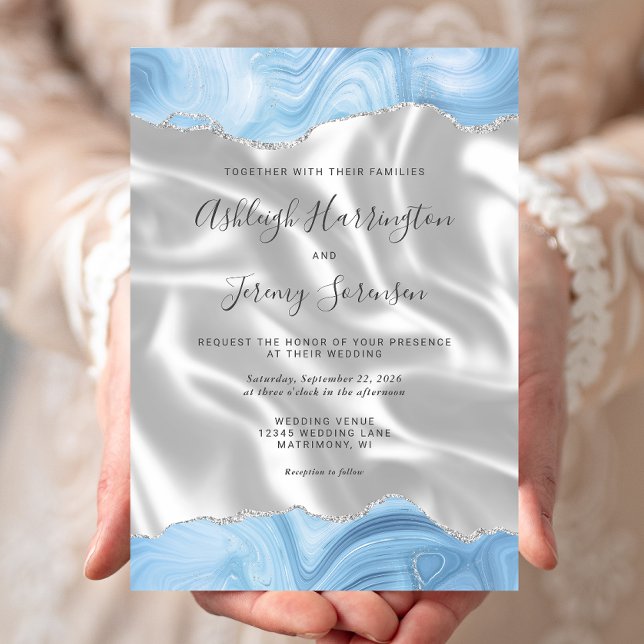 Invitation Bleu pastel bébé argent agate blanc soie mariage (Créateur téléchargé)