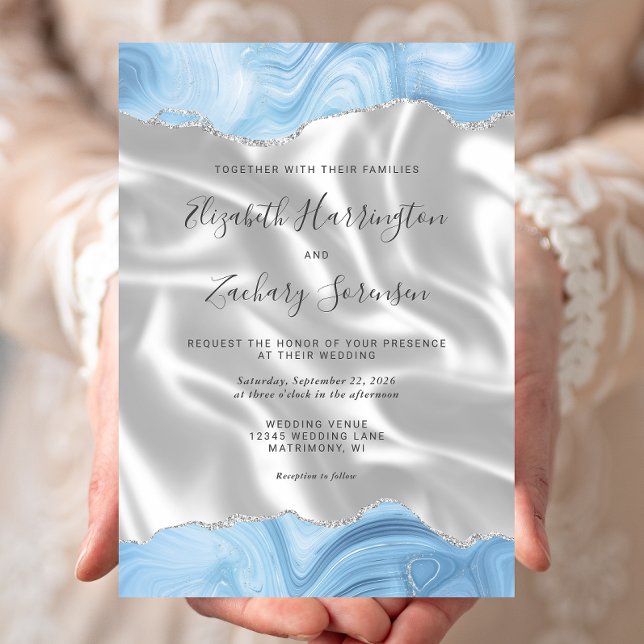 Invitation Bleu pastel bébé argent agate blanc soie mariage (Créateur téléchargé)