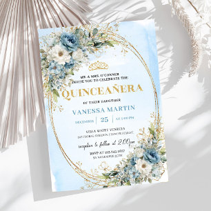 Invitation Bleu pastel chic or et eucalyptus 15e anniversaire