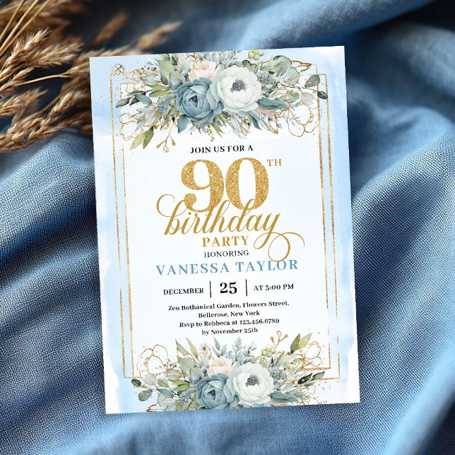 Invitation Bleu pastel classique or script 90e anniversaire  (Classic pastel blue gold script 90th birthday invitation)