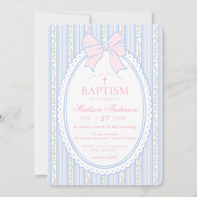 Invitation Bleu Pastel Floral Fancy Vintage Baptême (Devant)