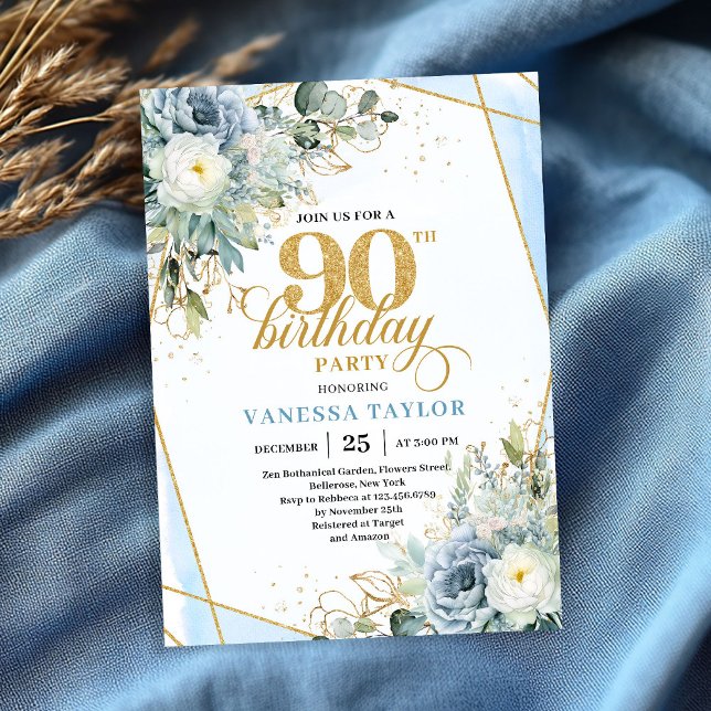 Invitation Bleu pastel or vert de luxe écriture 90e anniversa (Pastel blue gold greenery luxe script 90th birthday invite)
