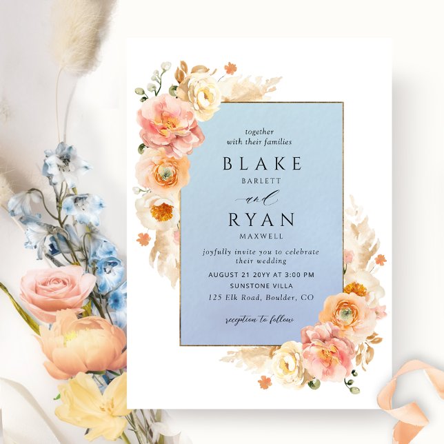 Invitation Bleu, Pêche, Blush et crème Floral Chic Mariage I (Créateur téléchargé)