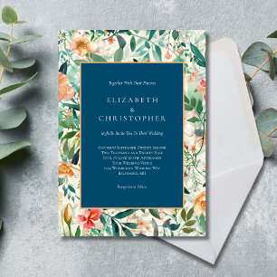 Invitation Bleu Pêche Vert Élégant Mariage Aquarelle Florale