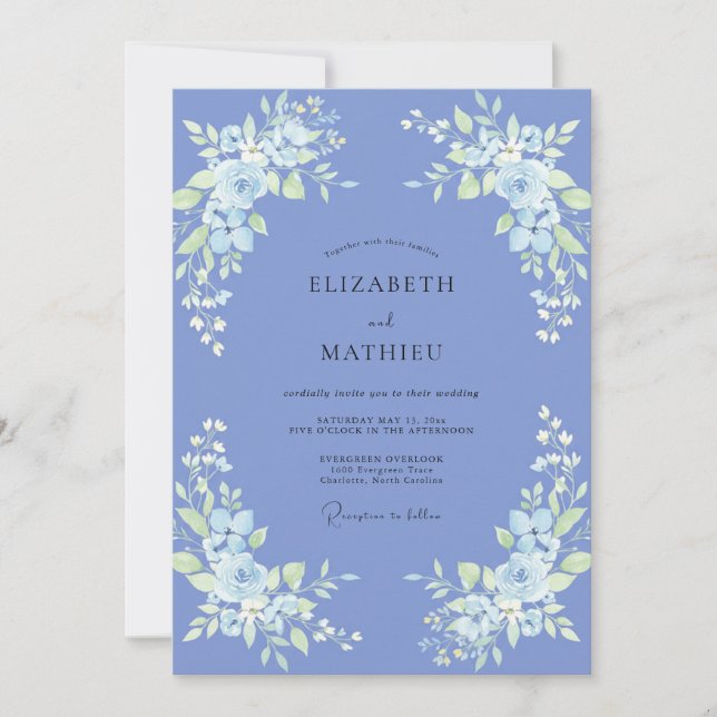 Invitation Bleu Pervenche Sérénité Printemps Mariage Botaniqu (Devant)