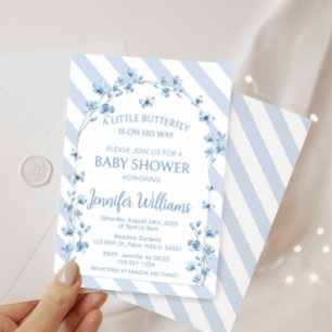 Invitation Bleu petit papillon fleuri bébé garçon douche