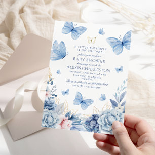 Invitation Bleu Petit Papillon Fleurs Baby shower garçon