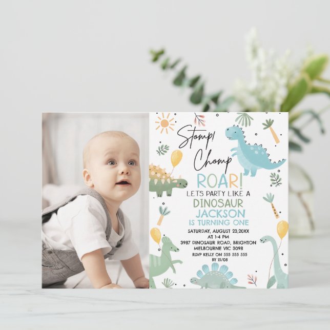 Invitation Bleu Photo Ballons Dinosaur Thème 1er Anniversaire (Debout devant)