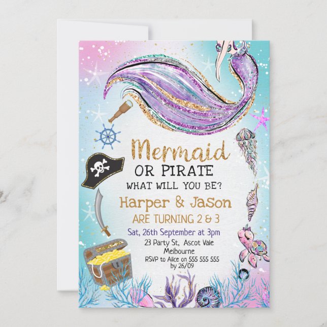 Invitation Bleu Pirates mauve Mermaid Anniversaire (Devant)