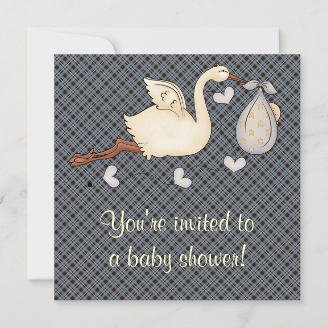 Invitation Bleu Plaid Stork Baby Boy Douche (Devant)