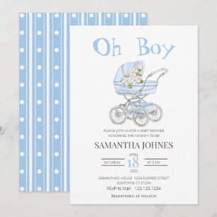Invitation  Bleu poussette Baby shower Fleur Invitatiatiatiat