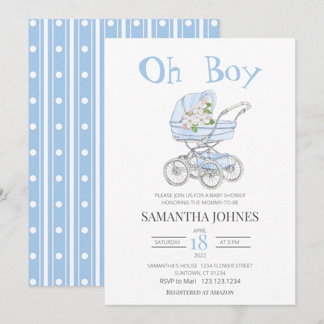 Invitation Bleu poussette Baby shower Fleur Invitatiatiatiati (Devant / Derrière)