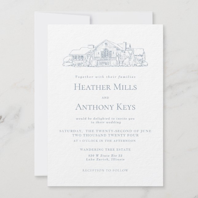 Invitation Bleu Poussière avec Croquis du Lieu de  (Devant)