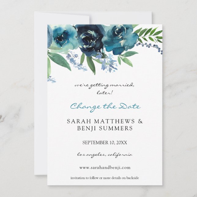 Invitation Bleu Poussiéreux 2 Floral Change la Date (Grand) (Devant)