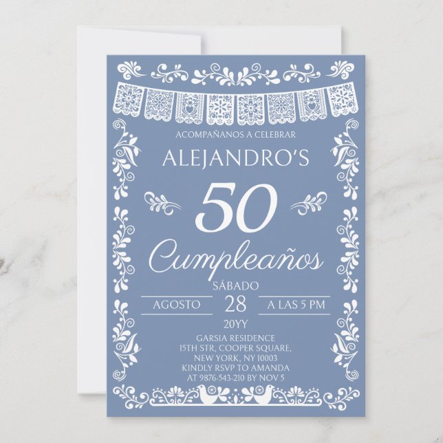 Invitation Bleu Poussiéreux 50 Ans Cumpleaños Fête d'annivers (Devant)