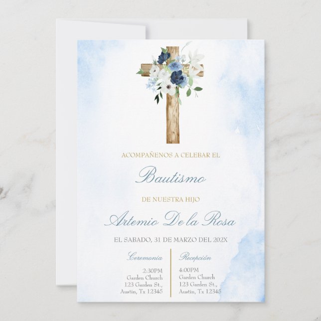 Invitation Bleu poussiéreux avec croix de baptême  (Devant)