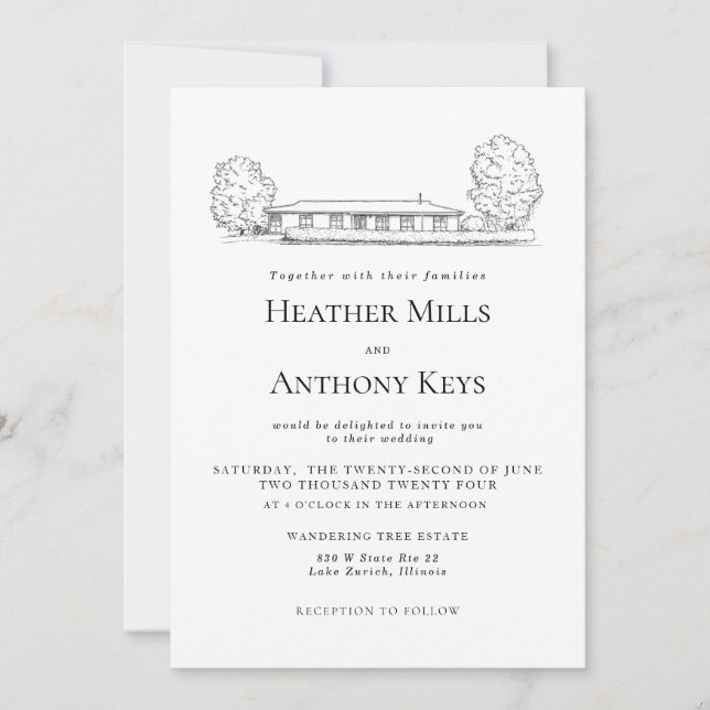 Invitation Bleu Poussiéreux avec Croquis du Lieu d (Devant)