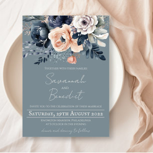 Invitation Bleu poussiéreux avec Pêche et aquarelle marine Fl