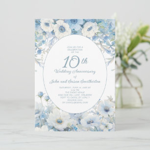 Invitation Bleu Poussiéreux Blanc Floral 10e Anniversaire
