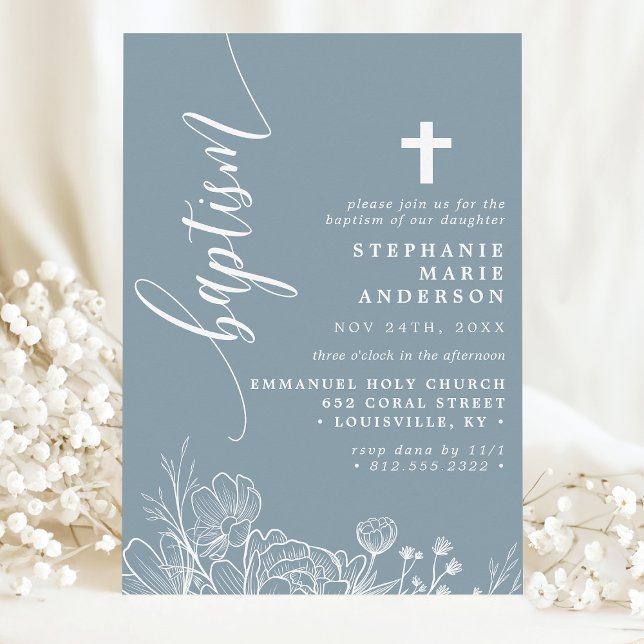Invitation Bleu Poussiéreux Blanc Floral Élégant Script Baptê (Créateur téléchargé)