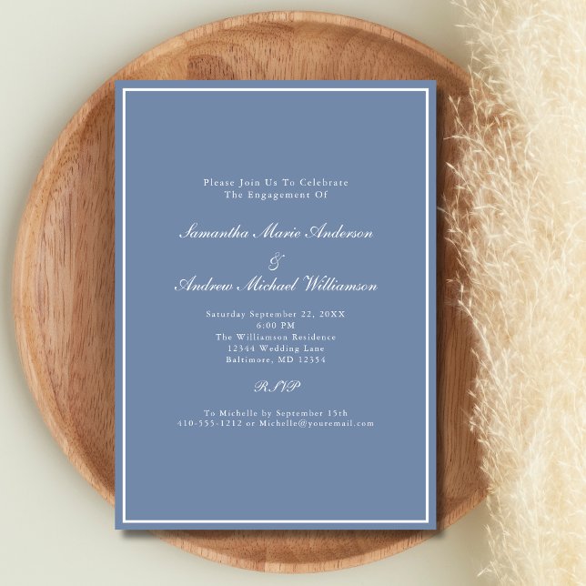 Invitation Bleu Poussiéreux Blanc Formel Élégant Mariage Fian (Dusty Blue White Elegant Formal Wedding Engagement party invitation)