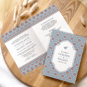 Invitation Bleu Poussiéreux Blanc Ikat Tout en Un Mariage Sik