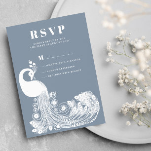 Invitation Bleu poussiéreux blanc royal paon élégant RSVP