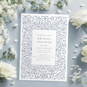 Invitation Bleu Poussiéreux Cadre Orné Vintage Mariage