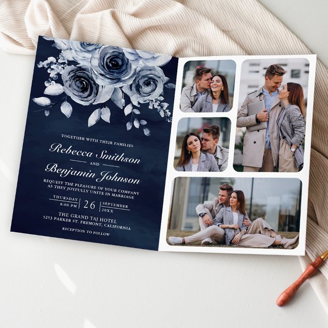 Invitation Bleu poussiéreux Code QR de photo florale Mariage  (Créateur téléchargé)