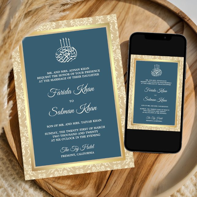 Invitation Bleu Poussiéreux Crème Damas Islamique Mariage Mus (Créateur téléchargé)