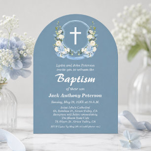 Invitation Bleu Poussiéreux Croix Blanche Florale Baptême