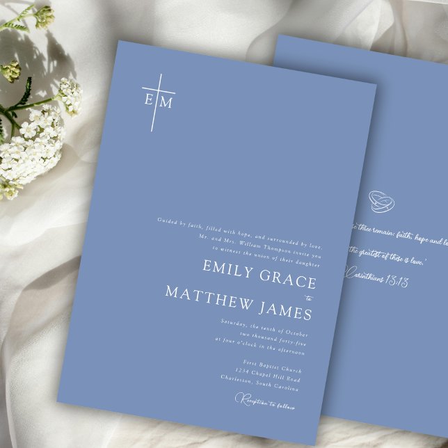 Invitation Bleu Poussiéreux Croix Chrétienne Monogrammée Mode (Créateur téléchargé)