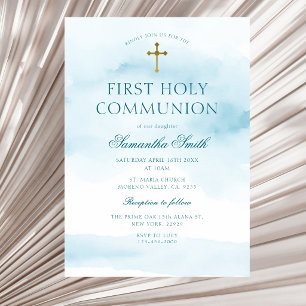 Invitation Bleu Poussiéreux Croix Dorée Première Sainte Commu