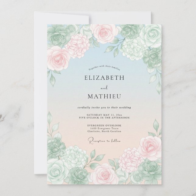 Invitation Bleu Poussiéreux Douce Fleur Romance Mariage (Devant)