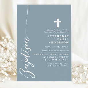Invitation Bleu Poussiéreux Écriture Simple Moderne Baptême