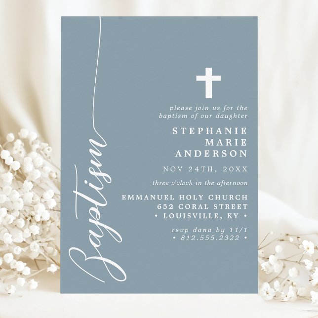 Invitation Bleu Poussiéreux Écriture Simple Moderne Baptême (Créateur téléchargé)
