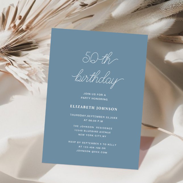 Invitation bleu poussiéreux et blanc classique 50e anniversai (Créateur téléchargé)