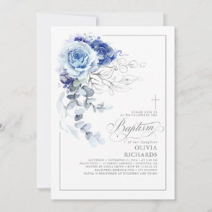Invitation Bleu Poussiéreux et Floral Élégant Baptême Argenté