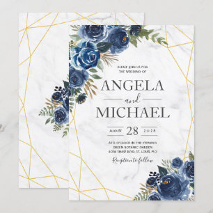 Invitation Bleu poussiéreux et floral marine Élégant
